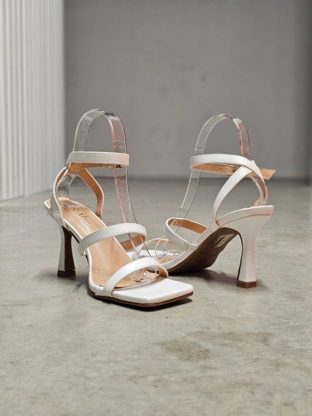 Strappy White High Heel Sandals With Square Toe & Adjustable Buckle Strap - Bell - Picture 2 of 14